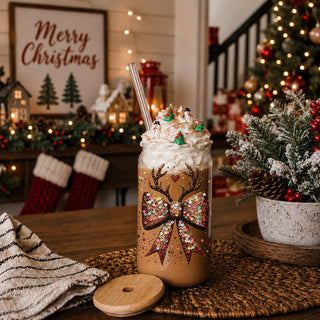 Holiday coffee gifts glass cup 17oz - Christmas glitter bow reindeer sequin kitchen accessories bamboo lid straw
Eco-friendly Christmas glass tumbler 17oz bamboo lid - Glitter sequin reindeer bow sustainable drinkware glass straw