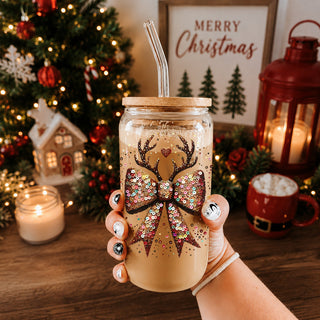 Christmas gift decoration – glitter bow with reindeer antlers for mantle or door
Sparkly Christmas bow – sequin holiday bow with antler accents
Unique Christmas decor – glittery bow with festive reindeer antlers
