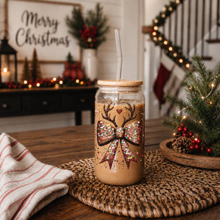 Coquette Christmas kitchen gifts glass cup 17oz - Glitter sequin reindeer bow tumbler bamboo lid glass straw - Holiday decor
Cyber Monday holiday gifts sparkly glass cup 17oz - Christmas glitter reindeer bow coffee tumbler bamboo lid
Glitter and sequin Christmas bow with reindeer antlers – holiday decor accent