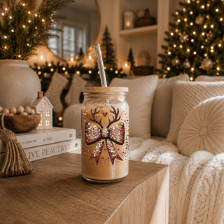 Christmas kitchen decor glass cup 17oz - Glitter sequin bow reindeer holiday tumbler with straw - Sparkly festive drinkware
17oz holiday glass tumbler - Christmas glitter bow reindeer coffee cup gifts - Sequin festive drinkware with bamboo lid