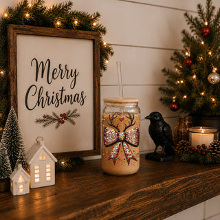 Holiday drinkware gifts glass cup 17oz - Christmas glitter sequin reindeer bow coffee tumbler bamboo lid - Sparkly accessories
Sparkly sequin Christmas tumbler - reusable festive glass cup with straw
Unique Christmas kitchen gift - glitter bow reindeer tumbler cup