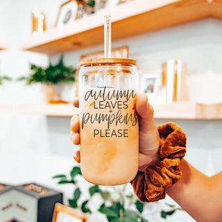 Thanksgiving hostess gift glass drinking set
Autumn birthday gift tumbler with bamboo top 