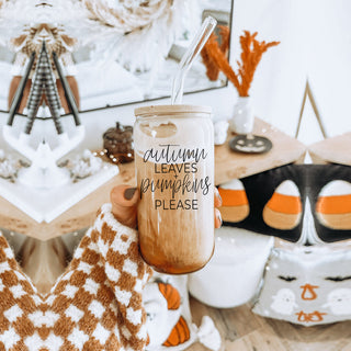 Fall hostess gift glass tumbler with quote
Autumn teacher appreciation glass tumbler set
Fall season friendship gift tumbler with straws