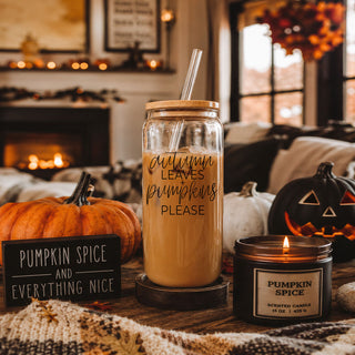 Cozy autumn coffee tumbler with eco-friendly straws
Fall season glass drinking tumbler with quote