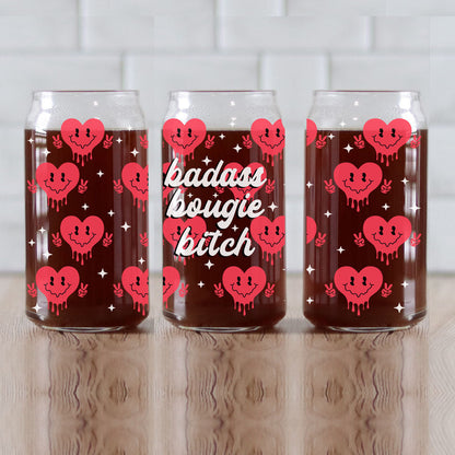 Badass Bougie Bitch 20oz glass cup for strong, confident women.
Retro clip design on a 20oz glass cup with smiley face candy hearts.
Peace sign red candy heart 20oz glass cup for Galentine’s Day gifts.