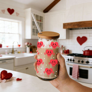 Badass bougie bitch glass cup 20oz with red retro smiley face hearts holding a peace sign up. Boss woman valentines day gift ideas. 20oz Vday glass cups with bamboo lid and glass straws. 