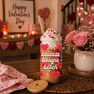 Trendy glass cups for stylish Galentine’s Day gifts.
Funny and empowering wholesale glass tumblers for boss women.
Wholesale 20oz glass cups with retro candy heart designs for Galentine's.
Bold and unique wholesale Valentine’s Day gifts for women of all kinds.