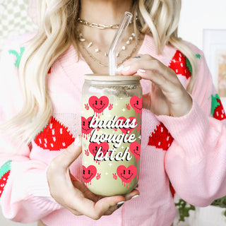 Funny and empowering glass tumbler for your favorite boss woman.
Red smiley face candy hearts 20oz glass cup for a retro vibe.
Valentine’s Day gifts for women with a fun, empowering twist.