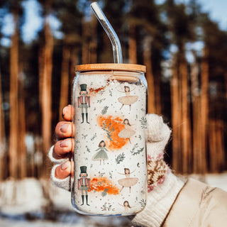 Holiday coffee tumbler gift – traditional Christmas glass cup for moms and home chefs
Coffee bar essential – neutral pastel Nutcracker Christmas glass cup