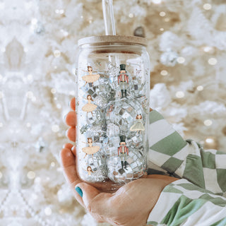 Christmas coffee gifts glass tumbler 17oz - Nutcracker ballerina pastel holiday drinkware bamboo lid - Soft kitchen accessories
