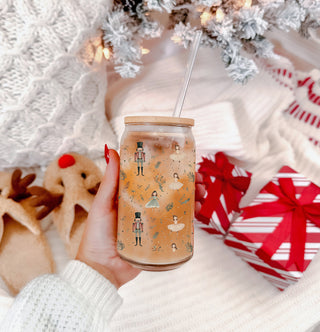 Christmas gifts for women glass tumbler 17oz - Nutcracker ballerina pastel holiday drinkware bamboo lid glass straw
Holiday coffee bar decor – pastel Nutcracker soldiers and ballerina glass cup for Christmas