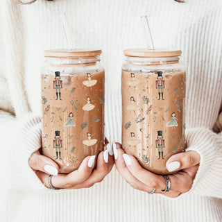 Unique Christmas glass tumbler - ballet dancer and Nutcracker pastel holiday design
Sparkly Christmas coffee mug – light neutral holiday colors Nutcracker drinkware