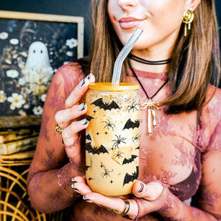 gothic drink collection
bat themed glass set
spooky coffee station
halloween entertaining set
spider pattern tumbler