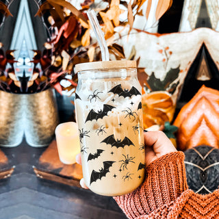 halloween hostess gift glass
spooky housewarming tumbler
bat pattern thank you gift
halloween party favor glass
spooky season present set