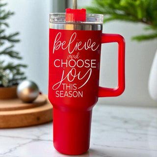 Holiday gift ideas - red Christmas tumbler believe and choose joy message
Christmas tumbler gift for women - 40oz believe and choose joy drinkware
Red holiday tumbler gift - believe and choose joy this season 40oz