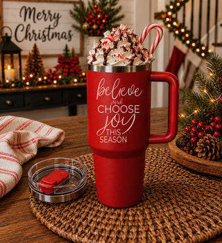Christmas red tumbler 40oz - believe and choose joy seasonal gift
Christmas gift tumbler 40oz red - believe and choose joy holiday present
Holiday gift ideas - red Christmas tumbler believe and choose joy message
Christmas tumbler gift for women - 40oz believe and choose joy drinkware