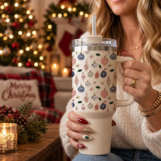 40oz Christmas Tumbler with Handle | Vintage Pink & Blue Ornament Holiday Tumbler | Christmas Gift for Her
Shop this 40oz Christmas tumbler featuring vintage pink and blue ornaments, holly and festive details. A cute holiday tumbler and Christmas gift for women, moms, teachers and vintage Christmas lovers.