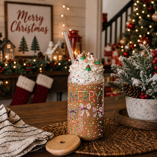 Holiday coffee tumbler – glass cup with colorful Christmas coquette bows
Christmas coffee mug – “Merry” glass tumbler with festive glitter design
Unique holiday coffee cup – sequins and glitter Christmas glass cup gift