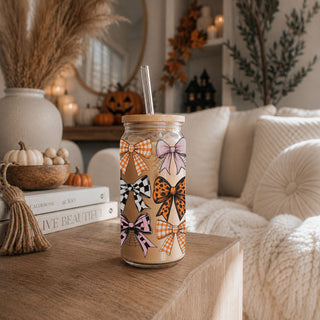 Coquette bow glass tumbler
Fall aesthetic drinking glass
Cottage core bow tumbler
Pink and orange bow drinkware