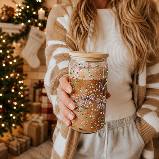 Dishwasher safe Merry Christmas glass tumbler 17oz - Sequin coquette bow holiday drinkware bamboo lid straw
Reusable glitter Christmas cup - Merry glass tumbler with sequins
Holiday iced coffee tumbler - glitter Merry sequin glass cup with bamboo lid