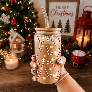 17oz glass Christmas cup with bamboo lid and straw - candy cane and snowflake design
Festive holiday tumbler with bamboo lid - Christmas candy cane glass cup
Christmas drinkware gift - candy cane glass tumbler with snowflake accents