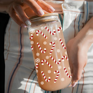 Christmas hostess gifts glass tumbler 17oz - Holiday coffee cup bamboo lid - Candy cane snowflake drinkware
17oz Christmas coffee tumbler glass - Holiday kitchen gifts with bamboo lid straw - Festive candy cane design
