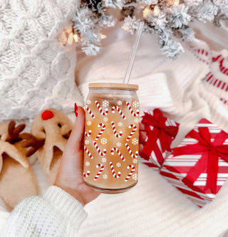 Festive Christmas tumbler cup - candy cane and snowflake glass drinkware
Christmas kitchen decor and gift idea - holiday tumbler with bamboo lid
