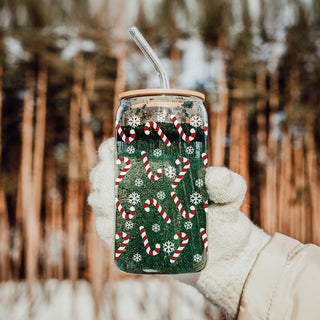 Christmas kitchen gifts glass cup 17oz - Holiday coffee tumbler bamboo lid - Candy cane snowflake drinkware
17oz Christmas glass tumbler - Holiday coffee cup with glass straw bamboo lid - Festive kitchen decor