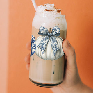 white pumpkin coffee station
elegant autumn decor glass
designer fall gift set
blue white pumpkin tumbler