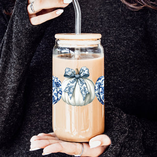 chinoiserie pumpkin glass tumbler
blue white fall drinking glass
elegant autumn tumbler set
sophisticated pumpkin season glass