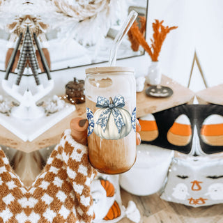 designer fall tumbler collection
chinoiserie pattern drink set
elegant autumn glass tumbler
blue white pumpkin drinkware