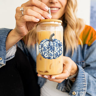 blue pattern autumn tumbler
ginger jar style drinking glass
luxury fall season tumbler
chinoiserie pumpkin collection