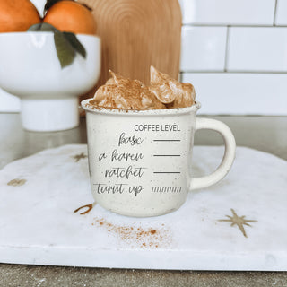 14.5oz speckled mug with basic to turnt up coffee scale