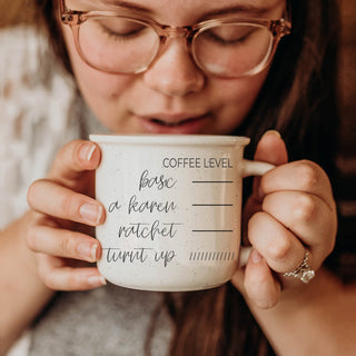Funny coffee measurement mug with Karen warning level