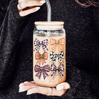 Coquette bow glass tumbler
Fall aesthetic drinking glass
Cottage core bow tumbler
Pink and orange bow drinkware