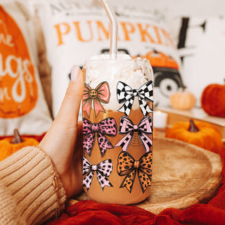 Fall coquette aesthetic drinkware
Autumn bow pattern glass cup
Halloween soft girl tumbler
Pumpkin spice aesthetic glass