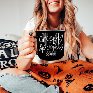 Typography spooky cup
Minimalist creepy mug
Black Halloween coffee cup
Aesthetic spooky mug