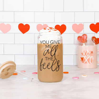 Funny Valentine’s gift for husband, You Give Me All the Feels 20oz glass cup.
Valentine’s Day gift for him, 20oz You Give Me All the Feels glass cup with bamboo lid.