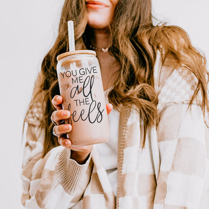 Cute Galentine’s Day gift, 20oz glass cup with bamboo lid, "You Give Me All the Feels."
"You Give Me All the Feels" glass cup, bamboo lid, 20oz Valentine’s gift.
Funny "You Give Me All the Feels" glass cup, bamboo lid for V-Day.