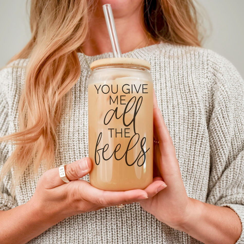 20oz glass cup with bamboo lid, You Give Me All the Feels for Valentine's Day.
Funny 20oz glass cup with bamboo lid, You Give Me All the Feels gift.
You Give Me All the Feels glass cup with bamboo lid, perfect Valentine’s gift.