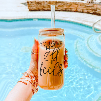 20oz bamboo lid glass cup with straw, "You Give Me All the Feels" for a sweet gift.
"You Give Me All the Feels" 20oz glass cup with bamboo lid, glass straw for loved ones.