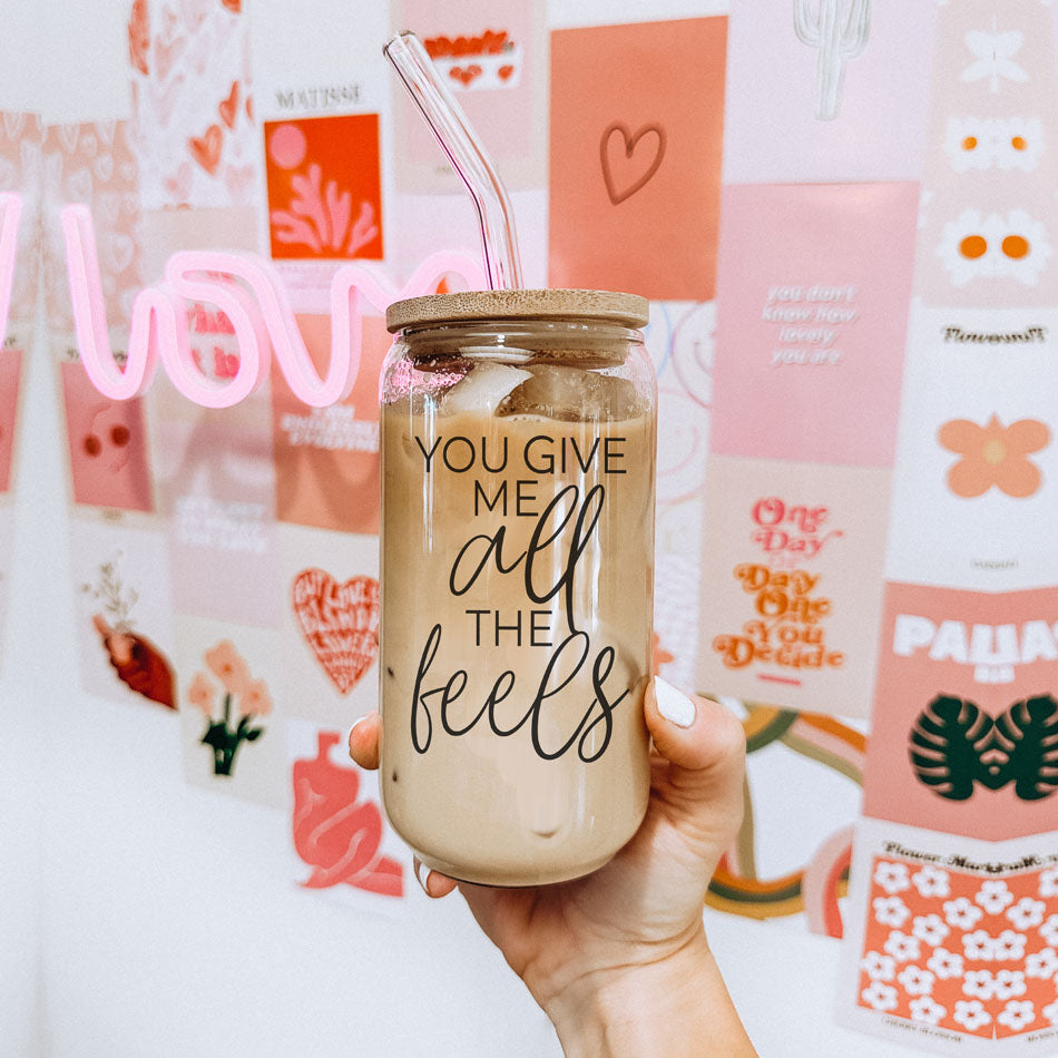 20oz "You Give Me All the Feels" glass cup with bamboo lid, Galentine’s gift.
Valentine’s Day gift, 20oz bamboo lid glass cup, "You Give Me All the Feels."