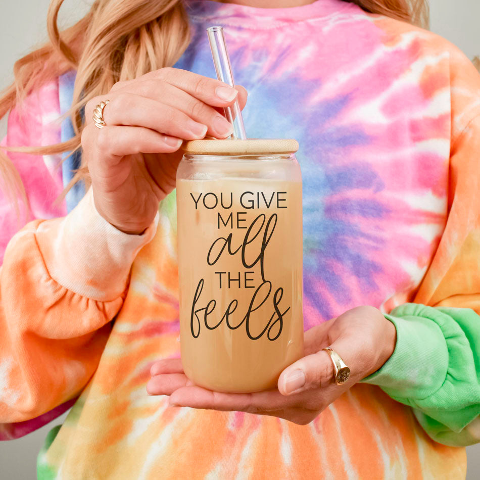 Cute Galentine’s Day gift, 20oz glass cup with bamboo lid, You Give Me All the Feels.
You Give Me All the Feels glass cup, bamboo lid, 20oz for Valentine’s gift.
Funny You Give Me All the Feels glass cup, bamboo lid for V-Day.