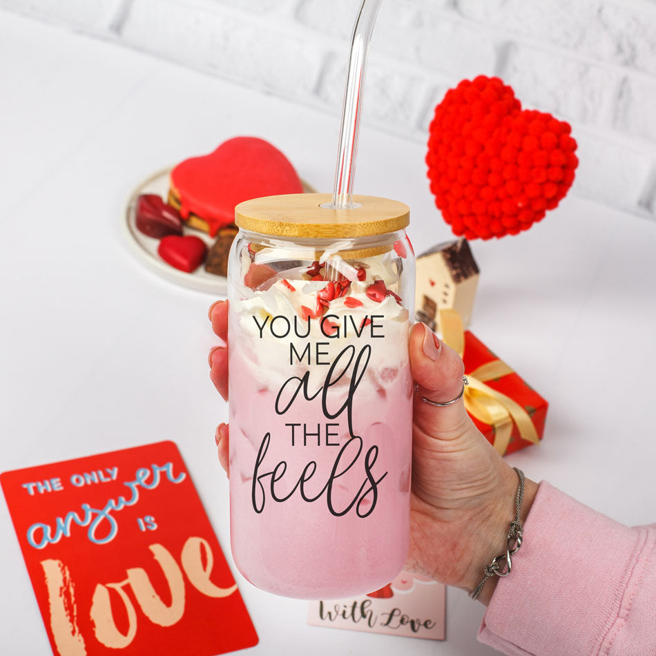 You Give Me All the Feels 20oz glass cup, bamboo lid, funny V-Day gift.
20oz glass cup with bamboo lid, You Give Me All the Feels for Galentine’s Day.