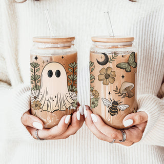 Bee and butterfly halloween tumbler
Ghost garden illustration cup
Botanical halloween artwork
Nature witch drinking glass