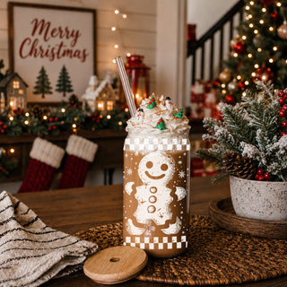 Holiday coffee bar decor – checkered gingerbread glass cup for home or office
Coworker Christmas gifts vintage gingerbread glass cup 17oz - Holiday office drinkware bamboo lid
Unique Christmas coffee gift – 17oz glass tumbler with retro gingerbread design