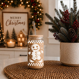 Retro Christmas drinkware – festive glass tumbler with checkered gingerbread design
Cyber Monday holiday gifts vintage gingerbread glass cup 17oz - Christmas coffee tumbler bamboo lid
Last minute Christmas gifts retro gingerbread glass tumbler 17oz - Holiday drinkware bamboo lid straw