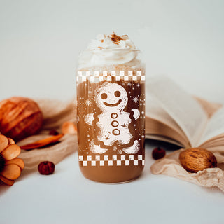 Christmas kitchen decor retro glass cup 17oz - Vintage gingerbread holiday tumbler with straw - Checkered festive drinkware
Christmas party drinkware - festive gingerbread tumbler cup with bamboo lid