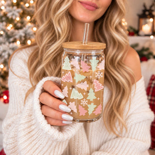Funny Mom Christmas Glass Tumbler 17oz With Bamboo Lid & Straw – Tree Tops Glisten Children Listen