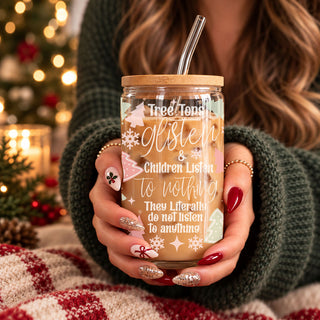 Funny Mom Christmas, Glass Tumbler, 17oz, Bamboo Lid, and Straw